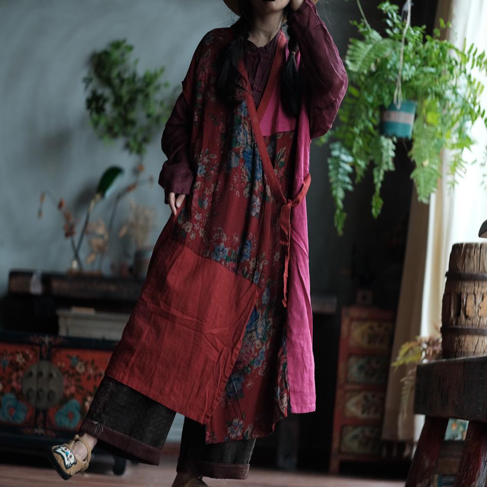 Artistic Retro Cotton Linen Patchwork Vest for Women - Niche Style, Red, Spring/Autumn Collection One Size