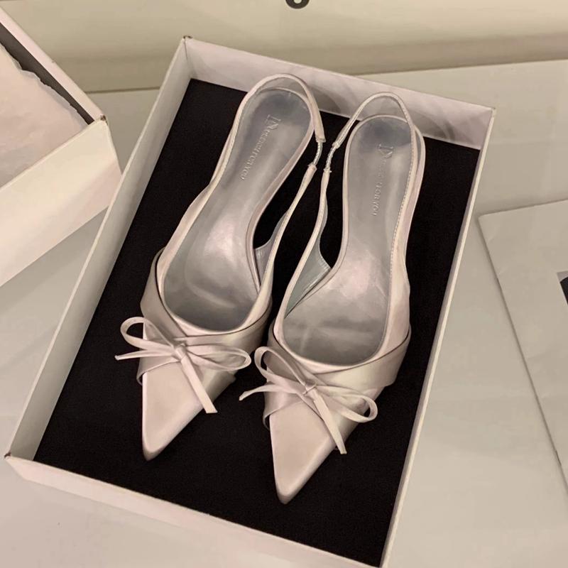 Fashion SUOJIALUN New Brand Women Sandal Shoes Fashion Pointed Toe Bow-Knot Shallow Slip On Slingback Shoes Thin Low Heel Dress Pumps
