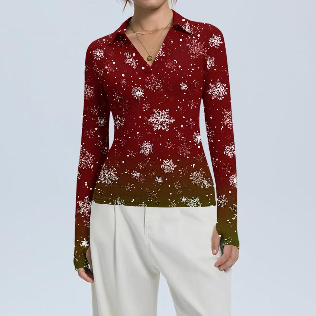 Women's Fashion Casual Christmas Print V-Neck Long Sleeve Button-Down Top