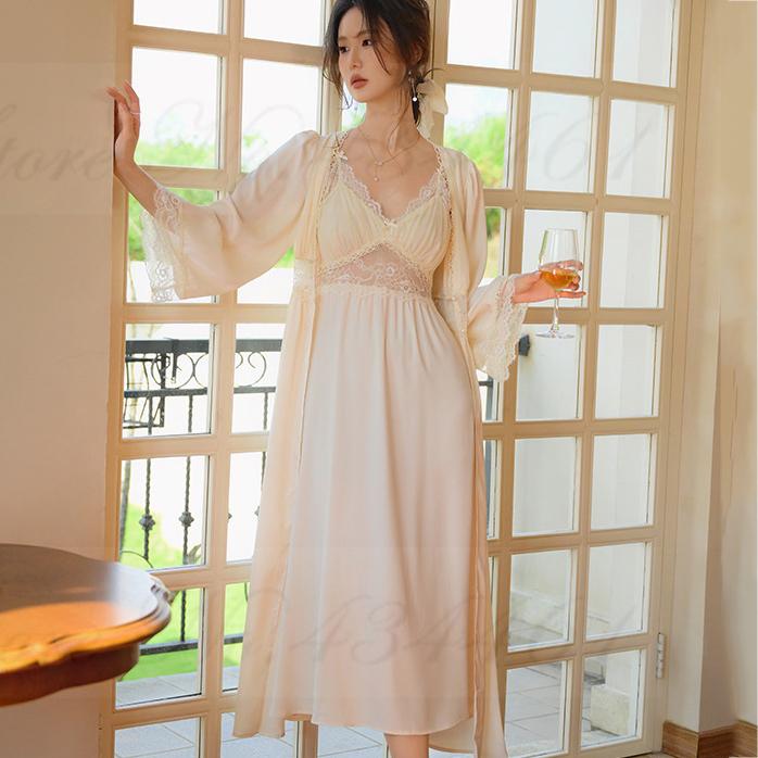 Spring Summer Kimono Bathrobe Gown Female Long 2PCS Robe Set Sleepwear Sexy Lace Nightgown Intimate Lingerie Satin Home Dress