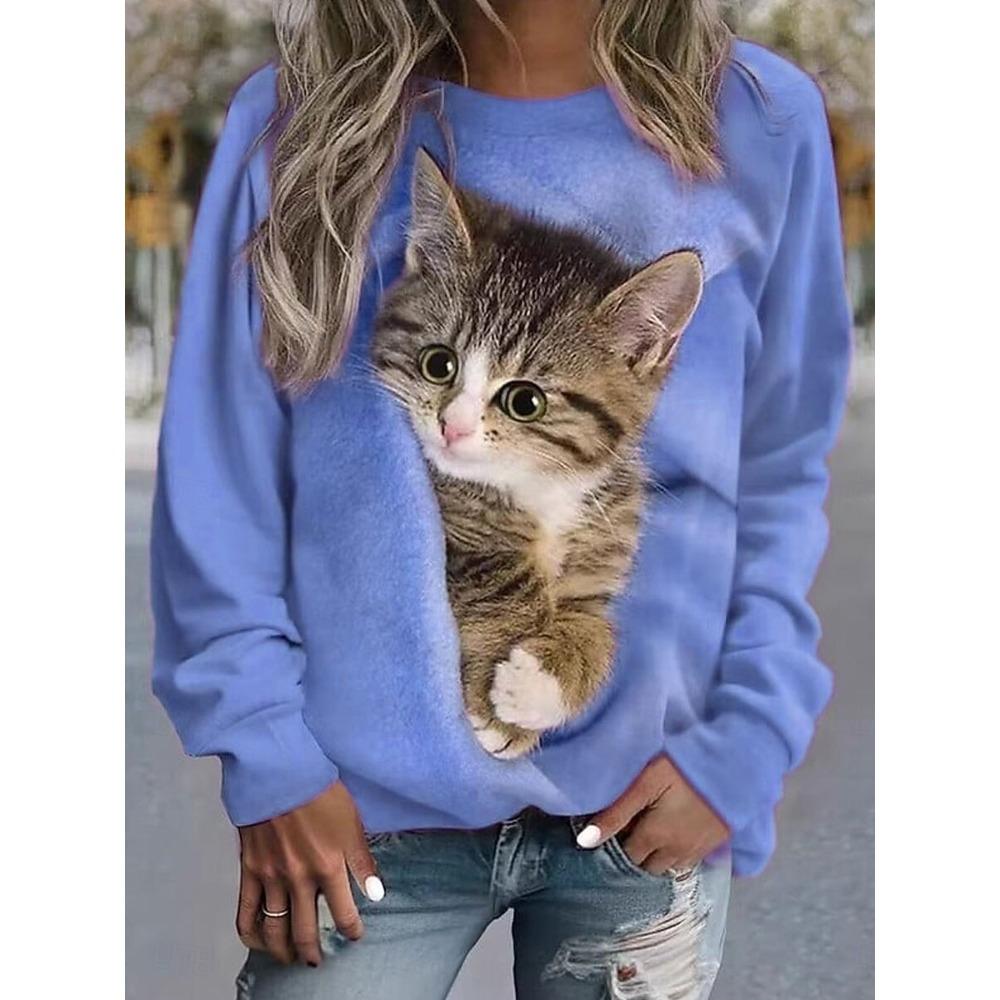 Fashionable Women's Cute Cat Pattern Sports Shirt 3D Printed Round Neck Long Sleeved Top Women's Clothing Street Wear Autumn Pullover