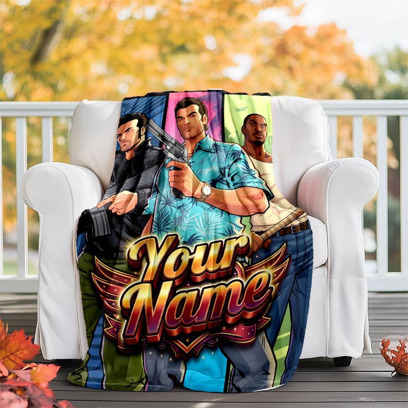 1pc Personalized Name GTA Theme Blanket - Digital Print, Polyester, Cozy for All Seasons, Perfect for Outdoor, and Travel