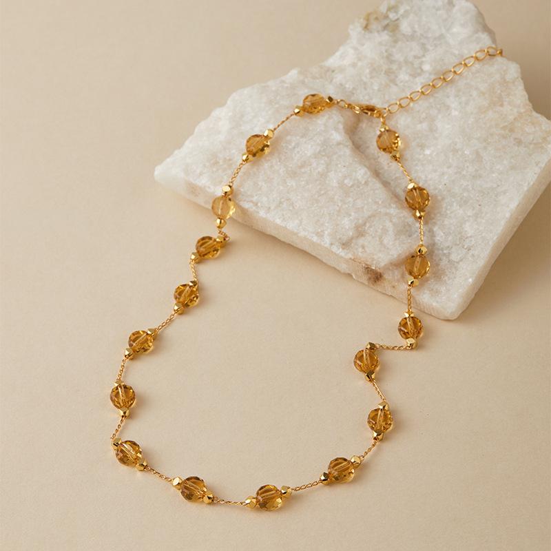 Cadena de Collar de Cuentas de Cristal Transparente Facetado Chapado en Oro Con Extensión