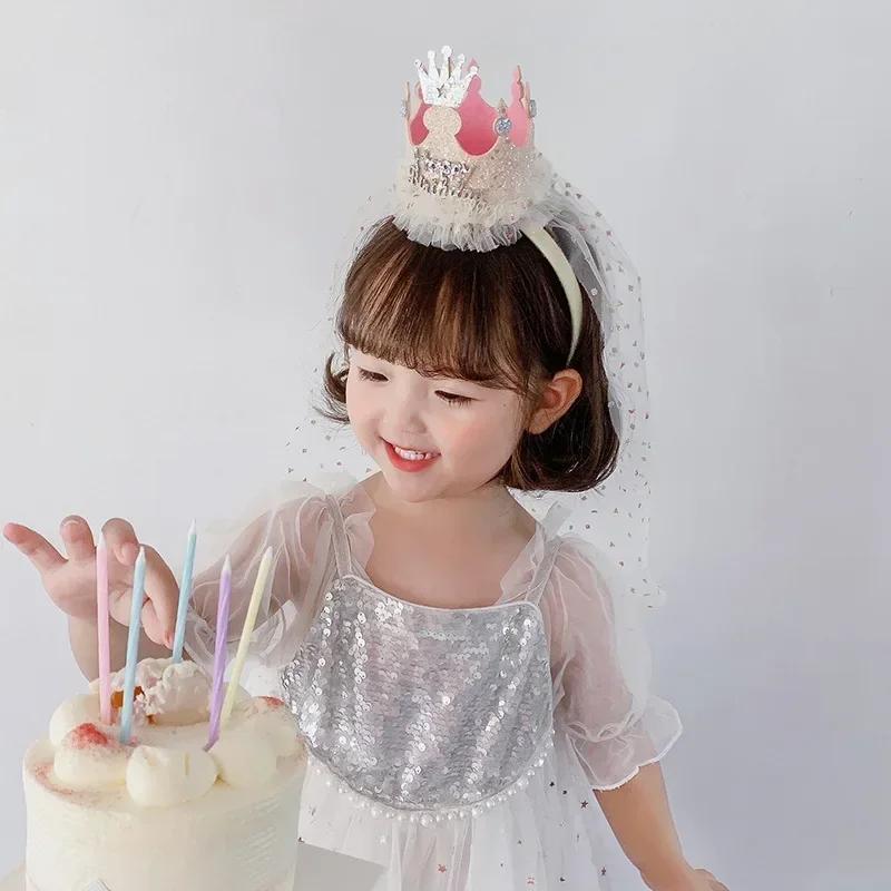 Crown Gauze Headbands for Girls Birthday Party Sweet Princess Birthday Hat Baby Girl Hair Accessories Children Surprise Gifts