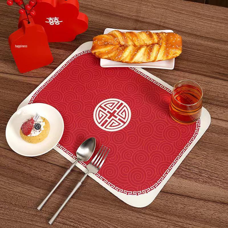 

Red Chinese Style Leather Placemat: Waterproof, Oil-Proof, Heat-Resistant, Anti-Scalding, Luxury Wedding Table Mat