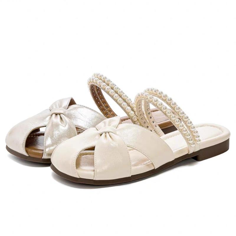 Fashion Pearl Fashion Baotou Slippers Women's Outside Wear 2025 Summer New Flat Soft-sole Temperament Slip-on Slippers
