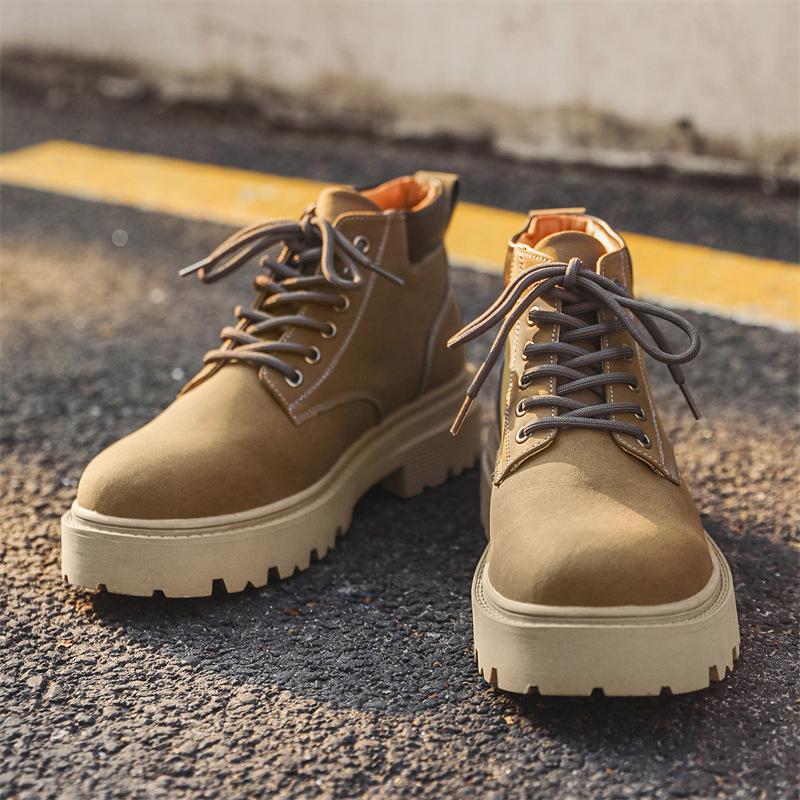 Autumn Versatile Rhubarb Boots Platform Tooling Boots Big Head Leather Shoes Men's Fashion Casual Martin Boots 66591-J