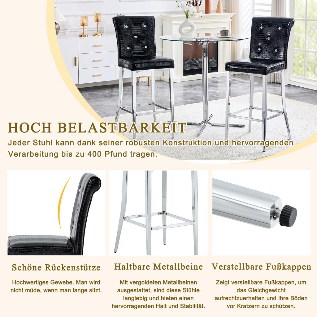 Bar Stools Set of 2, Black Crocodile Leather Look with Crystal Buttons, High-Back Kitchen Stools with Chrome Metal Legs, Kitchen Island Bar Counter