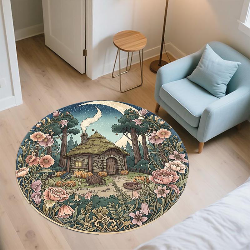 Flower Building,Round Area Rug,Carpet Rug for Living Room Bedroom Sofa Playroom Decor,Non-slip Floor Mat