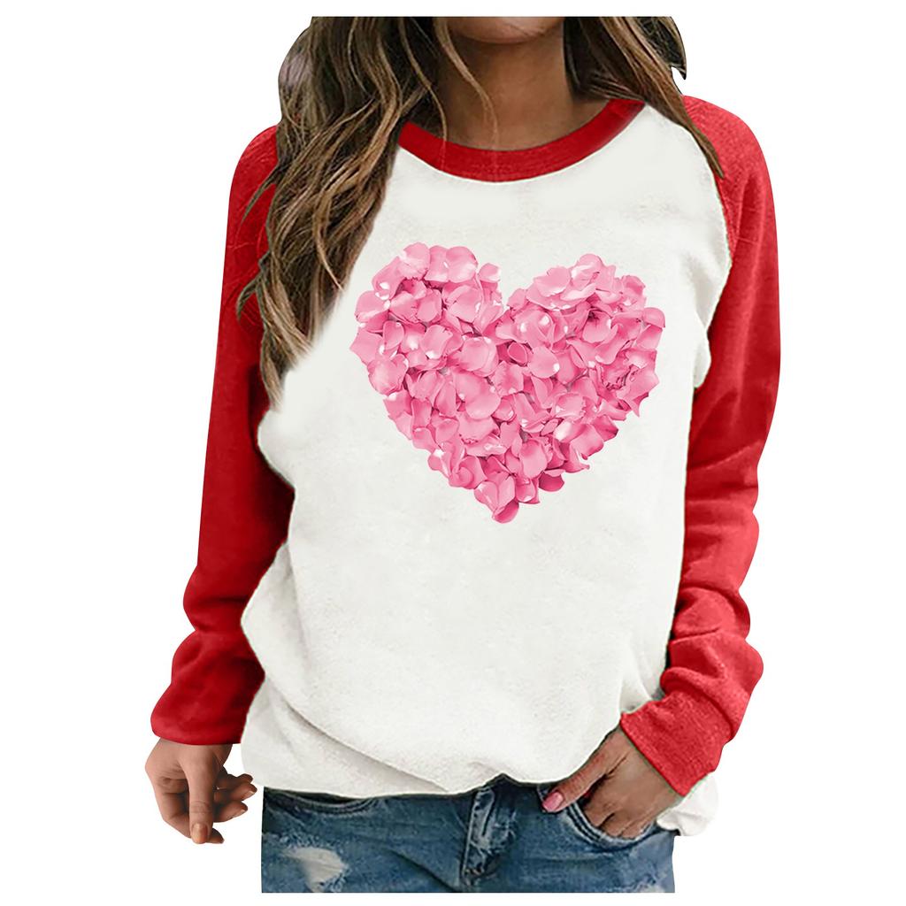 Ladies Casual Valentine's Day Print Round Neck Color Block Long Sleeve Pullover