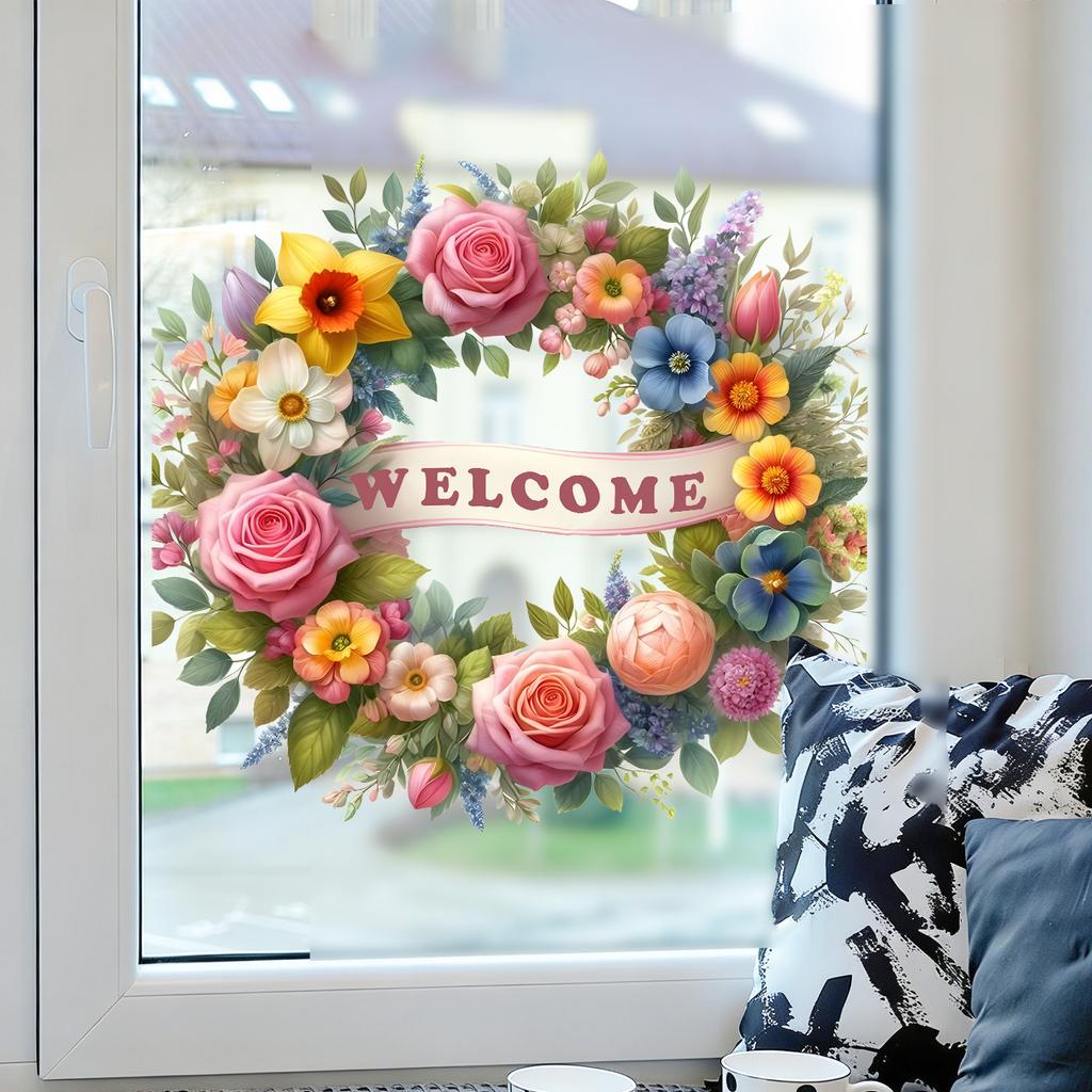 Welcome Wreath Static Cling Window Sticker Self-Adhesive Removable Bedroom Living Room Balcony Glass Door Home Decor Art