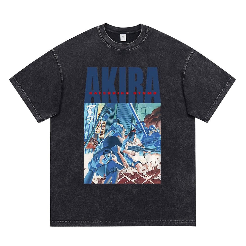 Anime Akira Vintage Washed T Shirt 90s Science Fiction Movie Shotaro Kaneda Short Sleeve T Shirts Cotton Casual Loose T-shirts