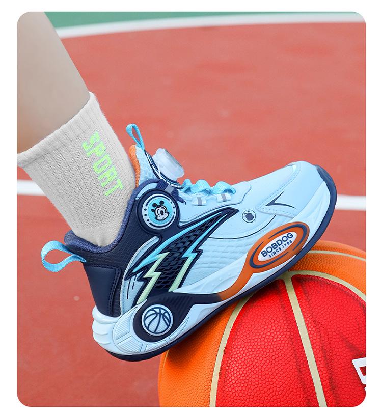 Babudou Boys' Autumn Leather Breathable Sneakers - Mid-Large Child Basketball Shoes with Rotary Button, Ideal for Running.