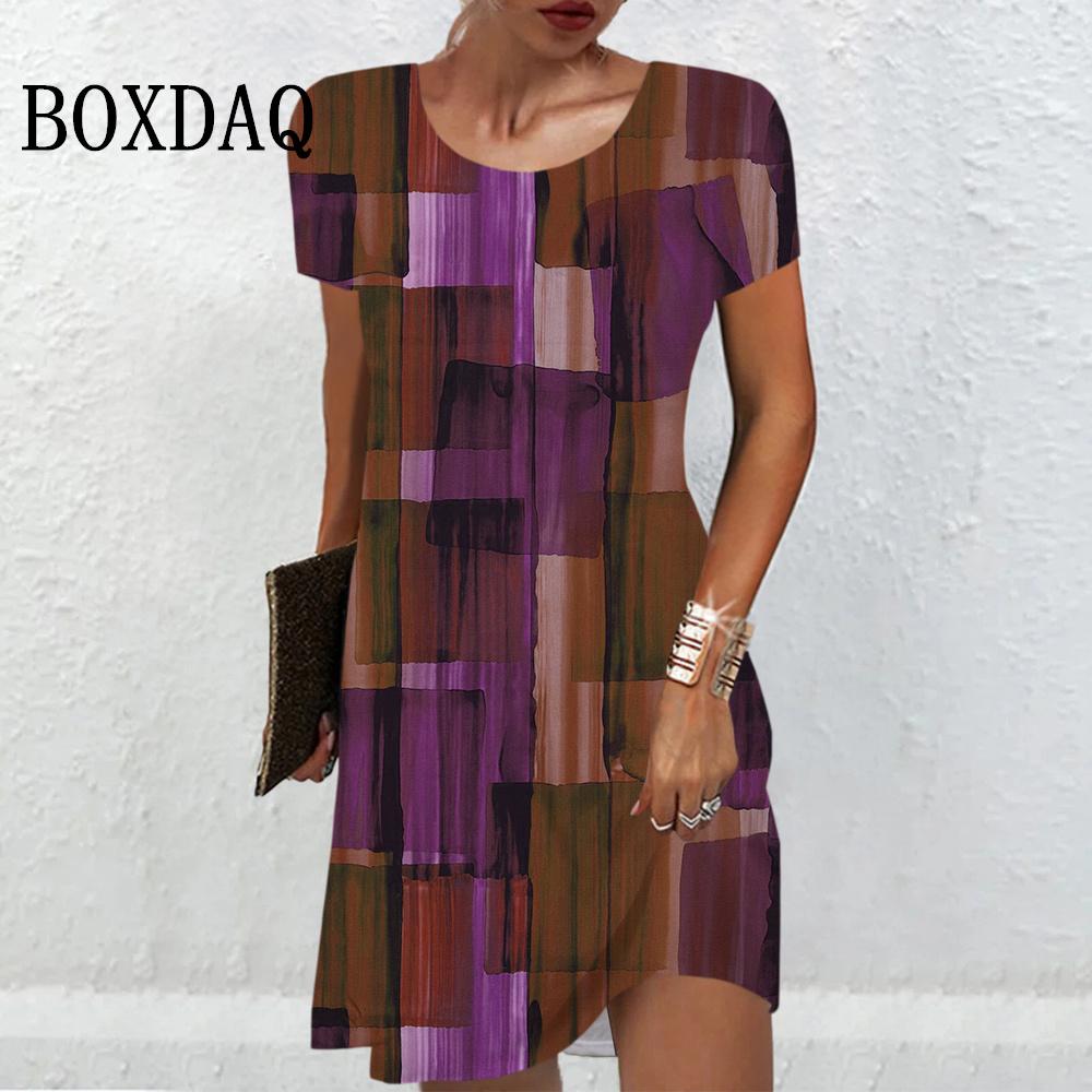 Tie Dye Striped Geometry Dress Women 2024 New Clothes Fashion Summer Casual O-Neck Short Sleeve Mini Dress Vintage Ladies Dress