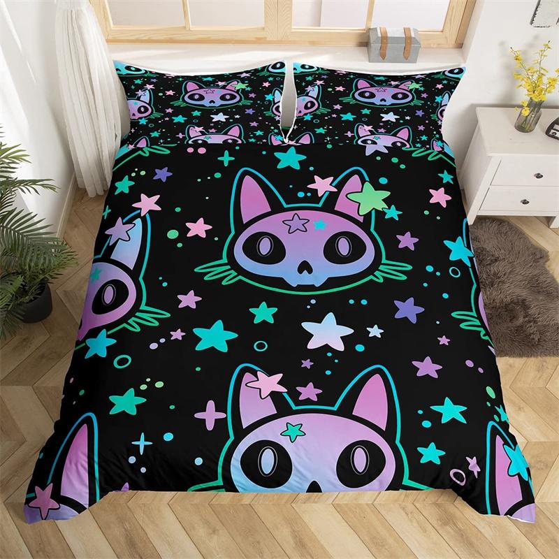 Boho Colorful Cat Duvet Cover Set Cats Star Mushroom Bedding Set Microfiber 3D Kawaii Animals Comforter Cover Twin For Kids Boys