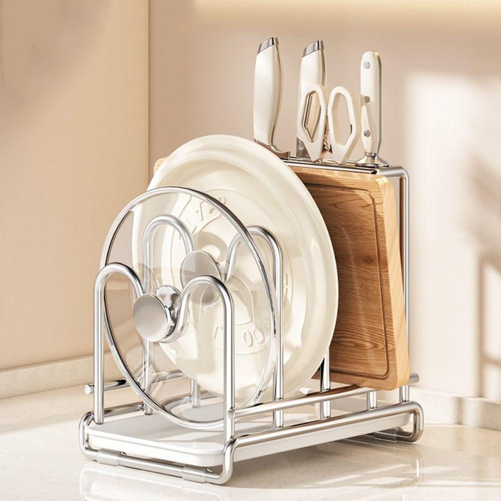 Multi-layer Pot Lid Rack Rustproof Space Saving Cutting Board Holder with Drainage Tray Stable Chopping Board Organizer Cabinet