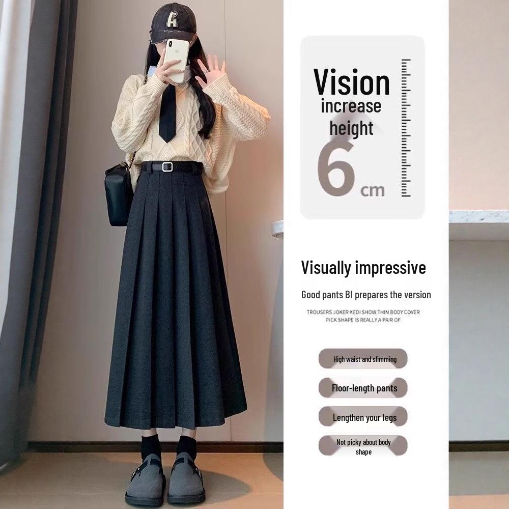 Autumn/Winter High-Waisted Slimming A-line Pleated Long Woolen Skirt for Petite Women