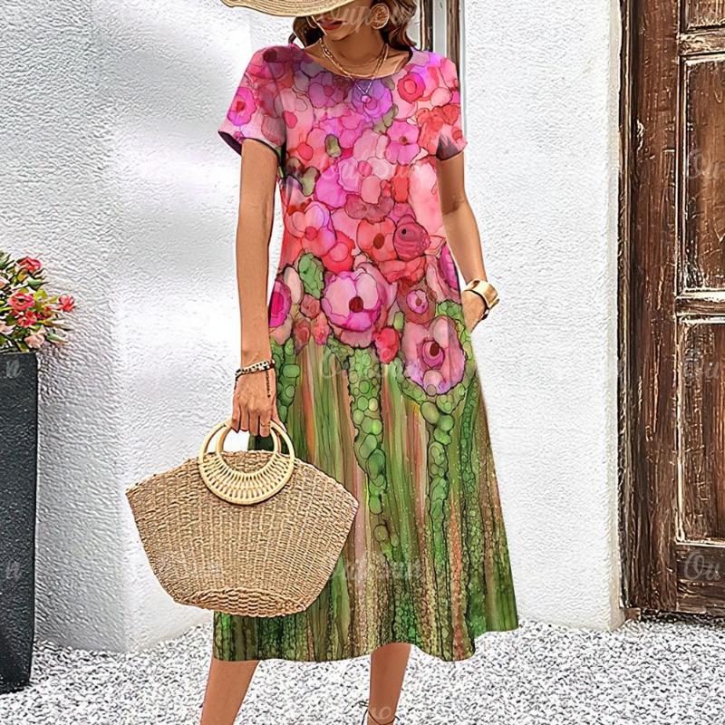 Women's Dresses Elegant Floral Printed Summer Vacation Midi Dresses Feamle Short Sleeve Dress Fashion Oversized Clothes