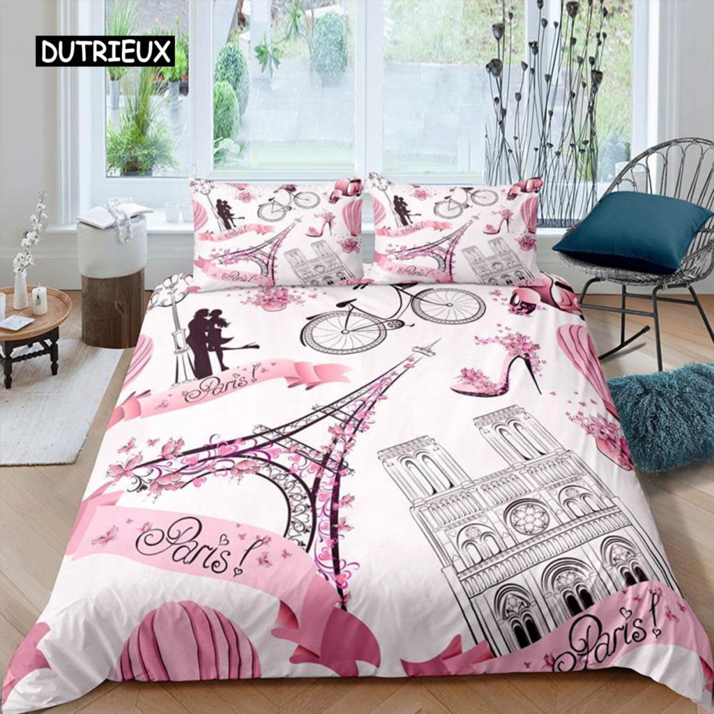 Paris Duvet Cover Set Polyester Paris Theme White Pink Stripe World-Famous Architecture Creativity Double Queen King Quilt Cover