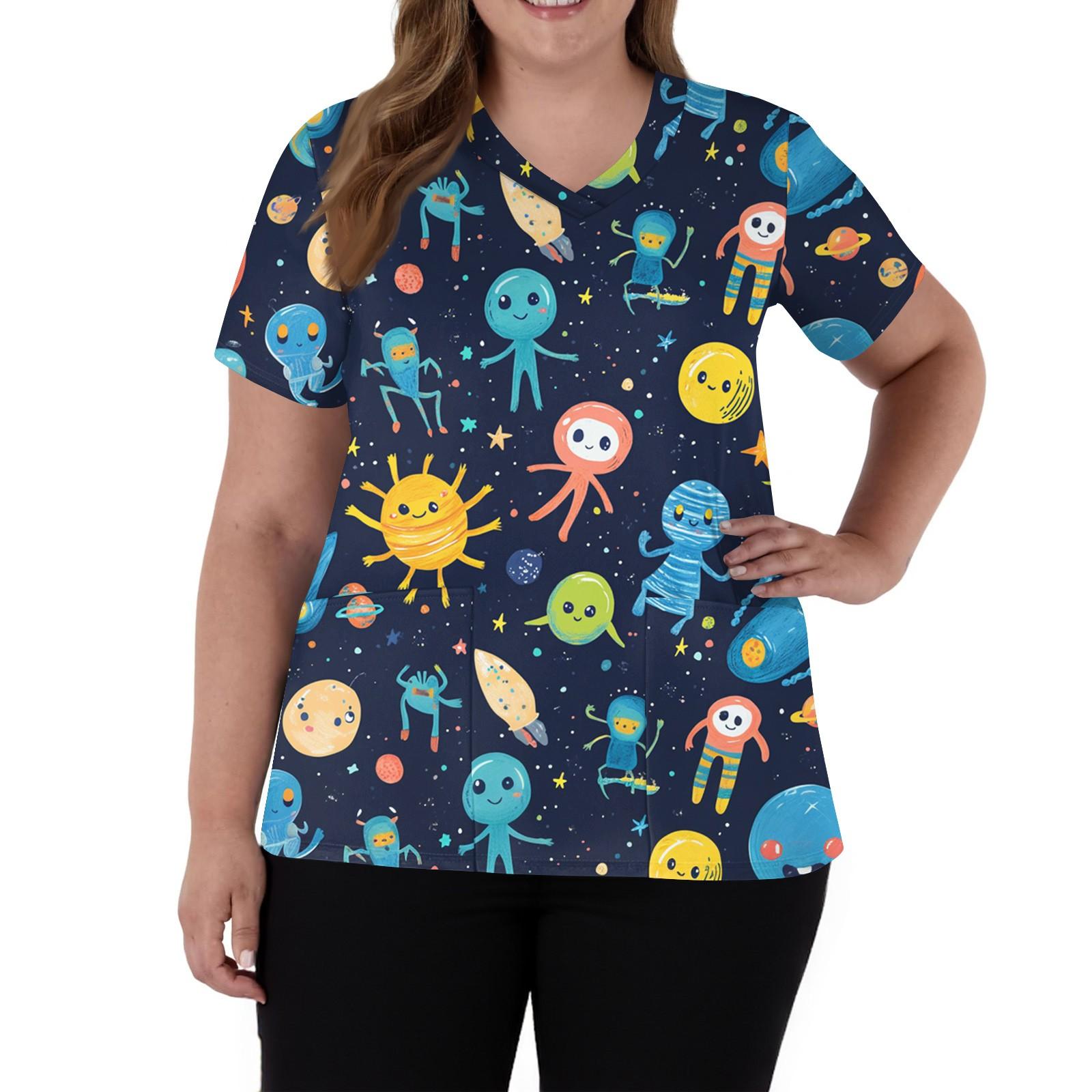 

Женская мода V-образный вырез короткий рукав комбинезон с карманами принт топы одежда M синий