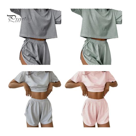 2 Teile/satz Sommer Homewear Top Und Hosen Anzug Gestreiften Pyjamas Lose Nachtwäsche Kurzarm T-shirt Elastische Taille Schlitz Shorts Set
