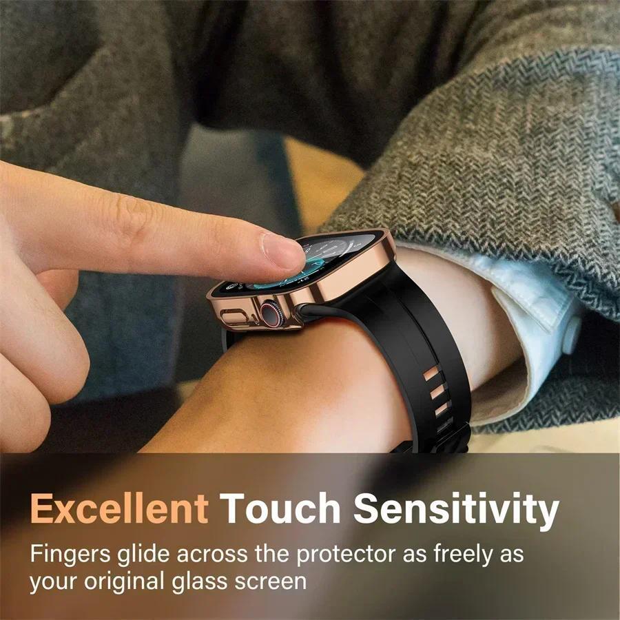 Glass+Case For Apple Watch 42 46mm 45mm 41mm 49mm 44mm 40mm Straight Edge Screen Protector Cover Case iWatch SE 6 7 8 9 10 Ultra