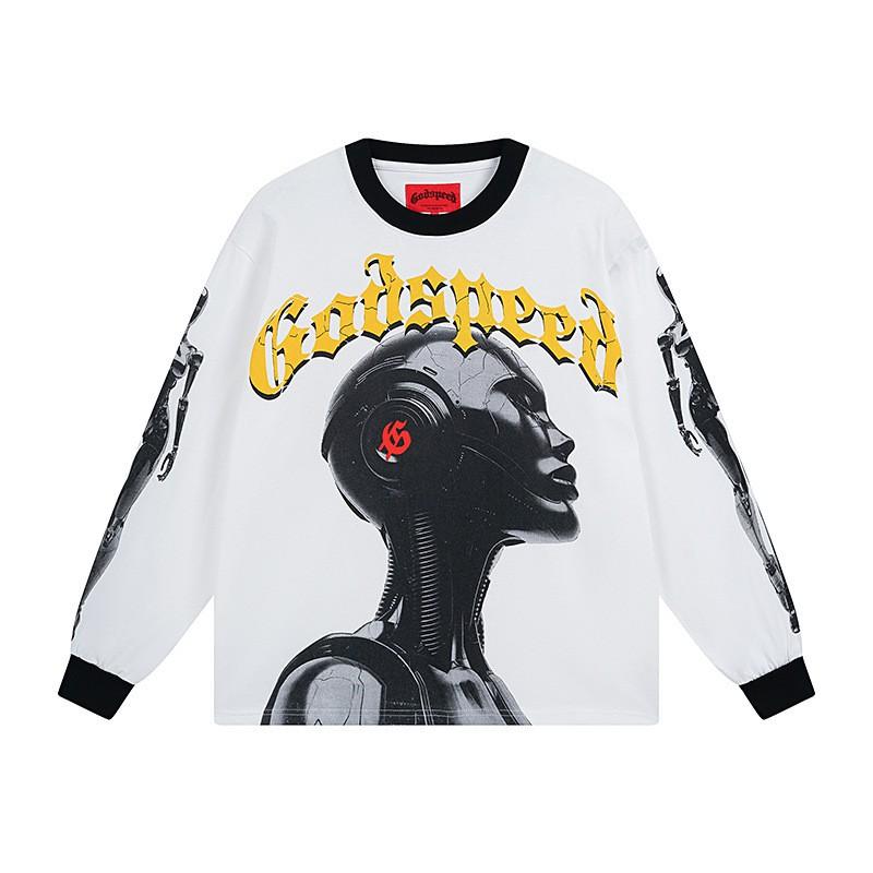 Mens Oversized Cotton Long Sleeve Tee With Skull Graphic Print Streetwear Rock Band Style Loose Fit Teens Adults
