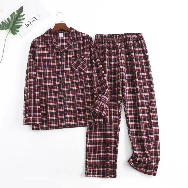 Rutet design Flerfarget Varm bomullsflanell Langermet Bukser Pyjamas for menn Høst og Vinter Hjemmeklær Nattøy Sett