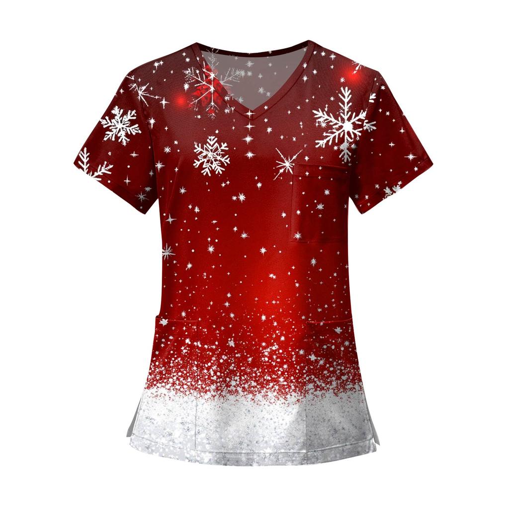Women's Fashion Printed Short Sleeve V Neck Pattern Tops Pocket Working T-shirts