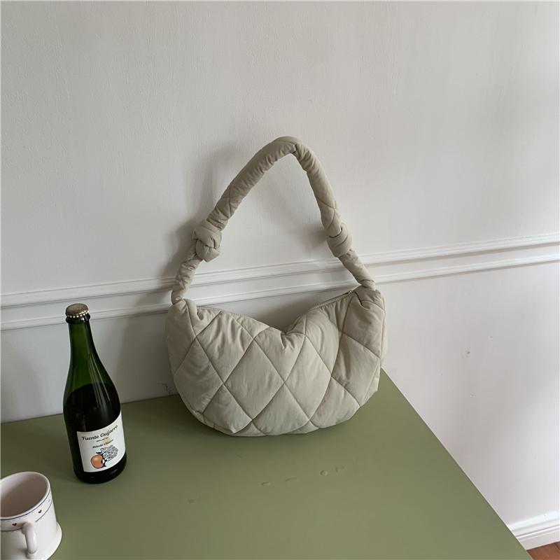 Large Capacity Korean Version Single Shoulder Diagonal Cross Dumpling Bag Embroidered Grid Nylon Moon Bag Retro Fashion and Western-style Girl Bag