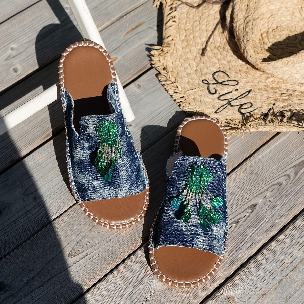 

New products in summer 2025 round head large size slippers women wear hemp rope cool slippers casual beach shoes 43 синий