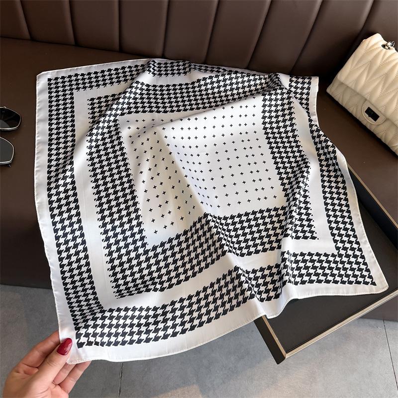 Luxury Houndstooth Square Scarf For Women Elegant Ladies Print Hijab Neckerchief Shawl Solid Colour Soft Stain Silk Scarves