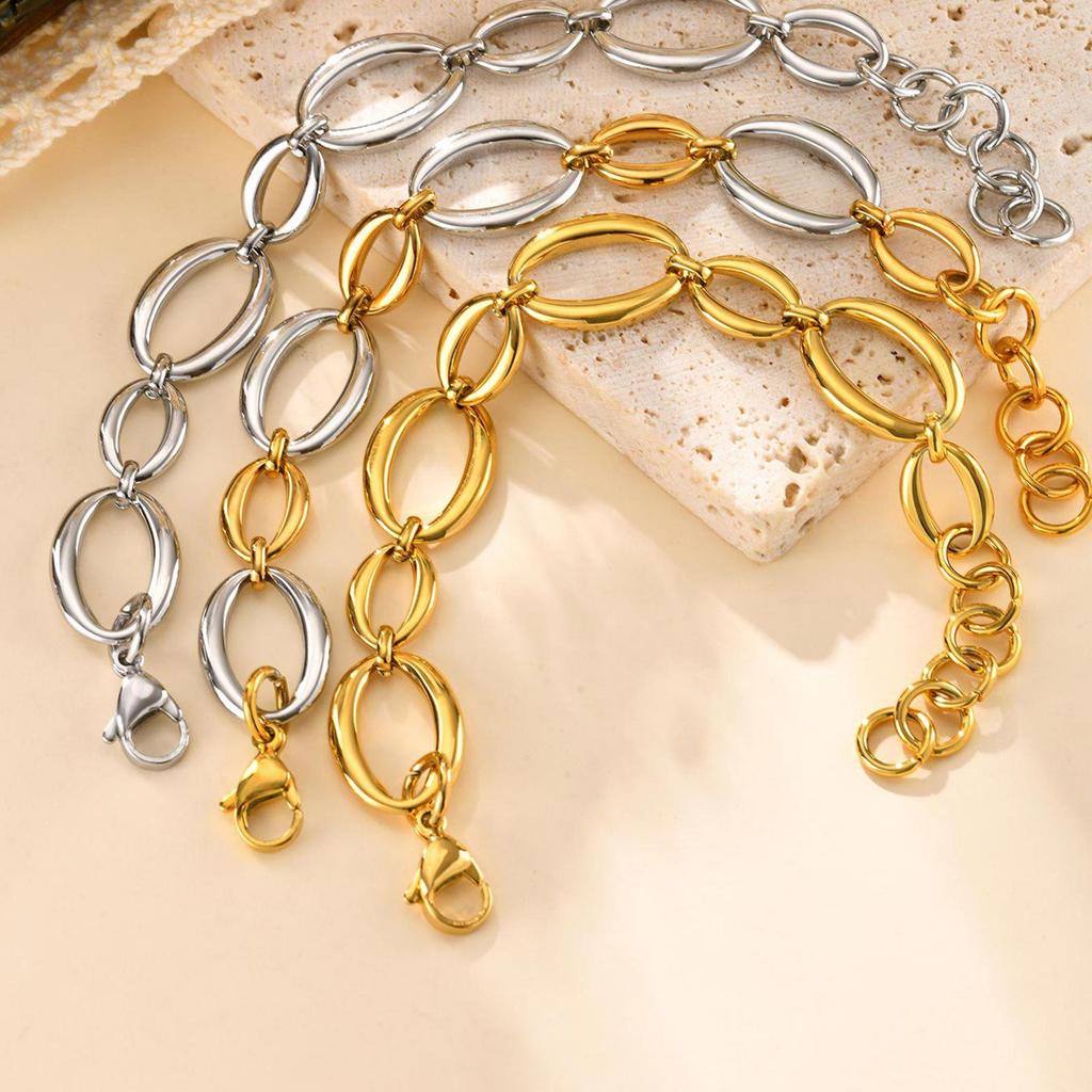 Stylish Gold Interlink Oval Chain Bracelet - Women's Stainless Steel Geometric Jewelry