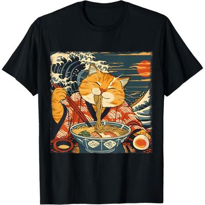 Ramen Cat Kawaii Neko Anime Japanese Food Cat By Hokusai T-Shirt