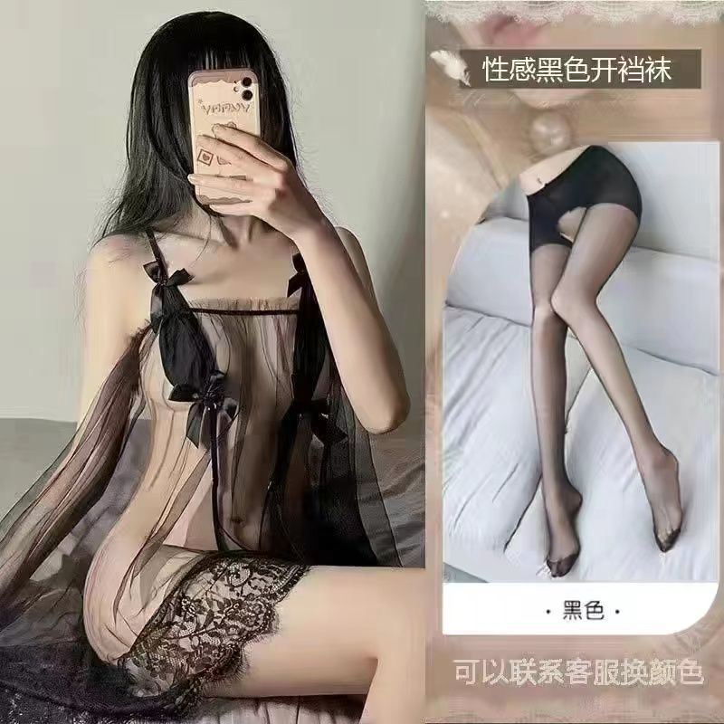 Large Size Sexy Lingerie Women's Gauze Skirt Empty Court Briar Transparent Nightdress Hollow Women's Three-point Passion Suit