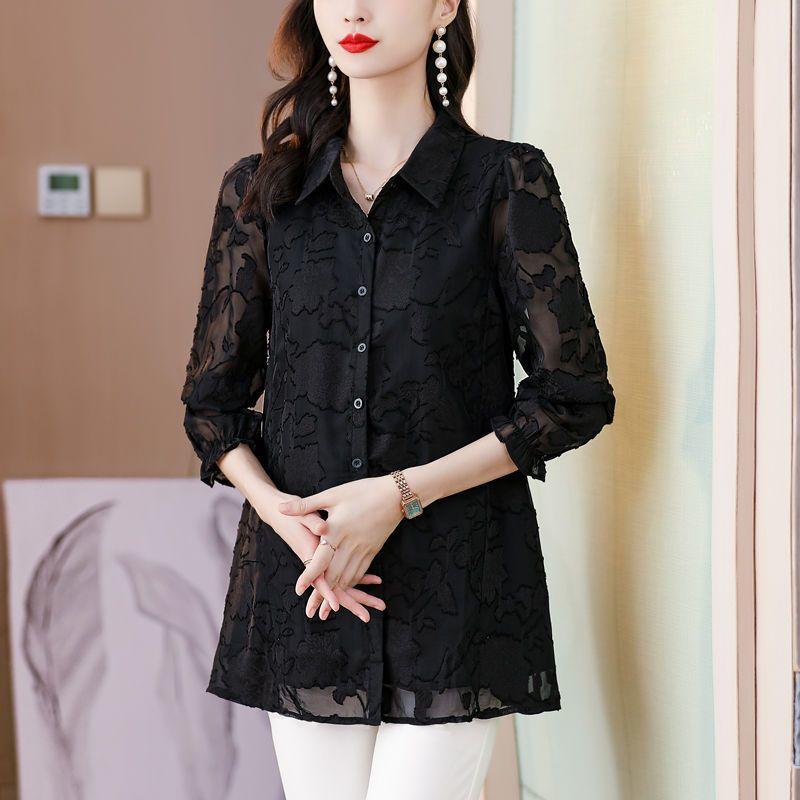 Large Size Chiffon Shirt Women's Loose Hollow Top Lace Bottom Shirt Fashionable