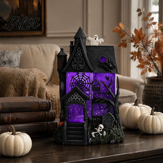 Durable Resin Craft for Halloween Gothic Glitter Village Decoration, Haunted House Figurine with Purple Ornament Holiday Lovers Windows, Spooky