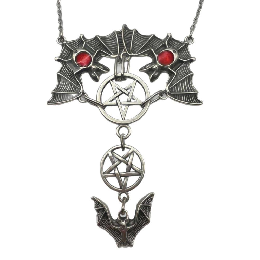 Gothic Red Glaze Droplets Vampire Bat Hollowed-out Pentagram Pendant Necklace for Men Women Halloween Party Jewelry Accessories