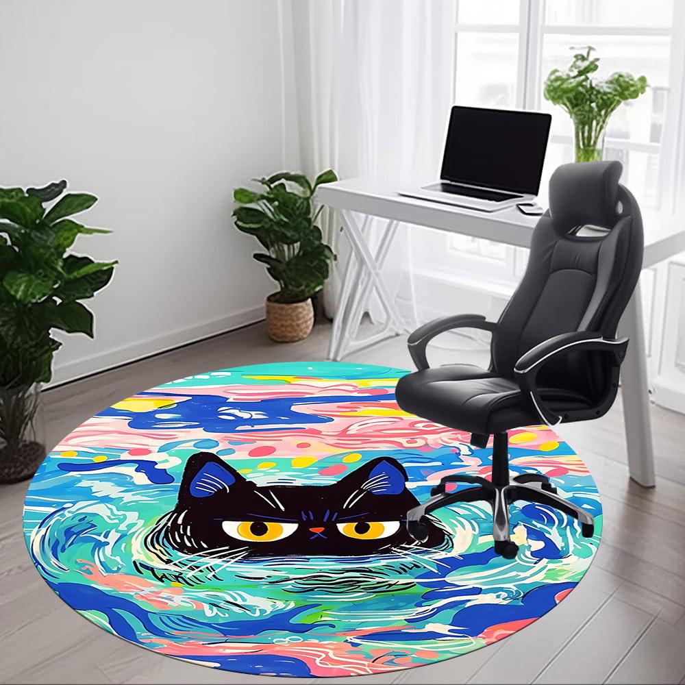 1PC Cat Swimming Office Round Rug, Non Slip, Soft and Durable Office Rug for Interior Decoration, Perfect for Office