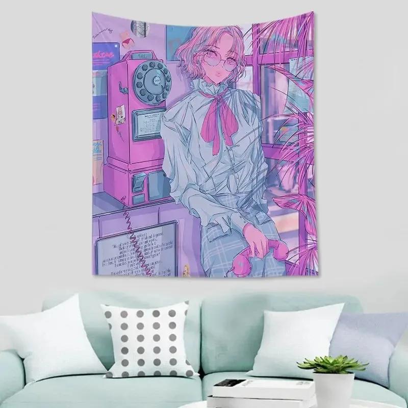 Cartoon Internet Addicted Girl Hanging Cloth Office Living Room Tapestry Home Wall Decoration Tapestry