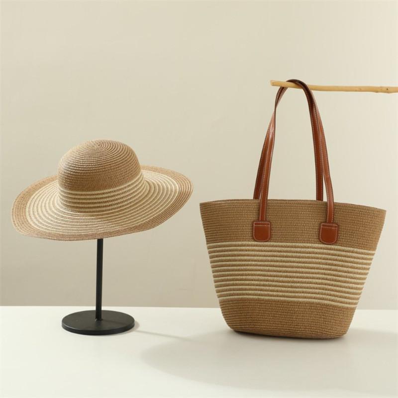 Woven Sun Hat And Large Capacity Straw Tote With Striped Pattern For Travel And Casual Wear