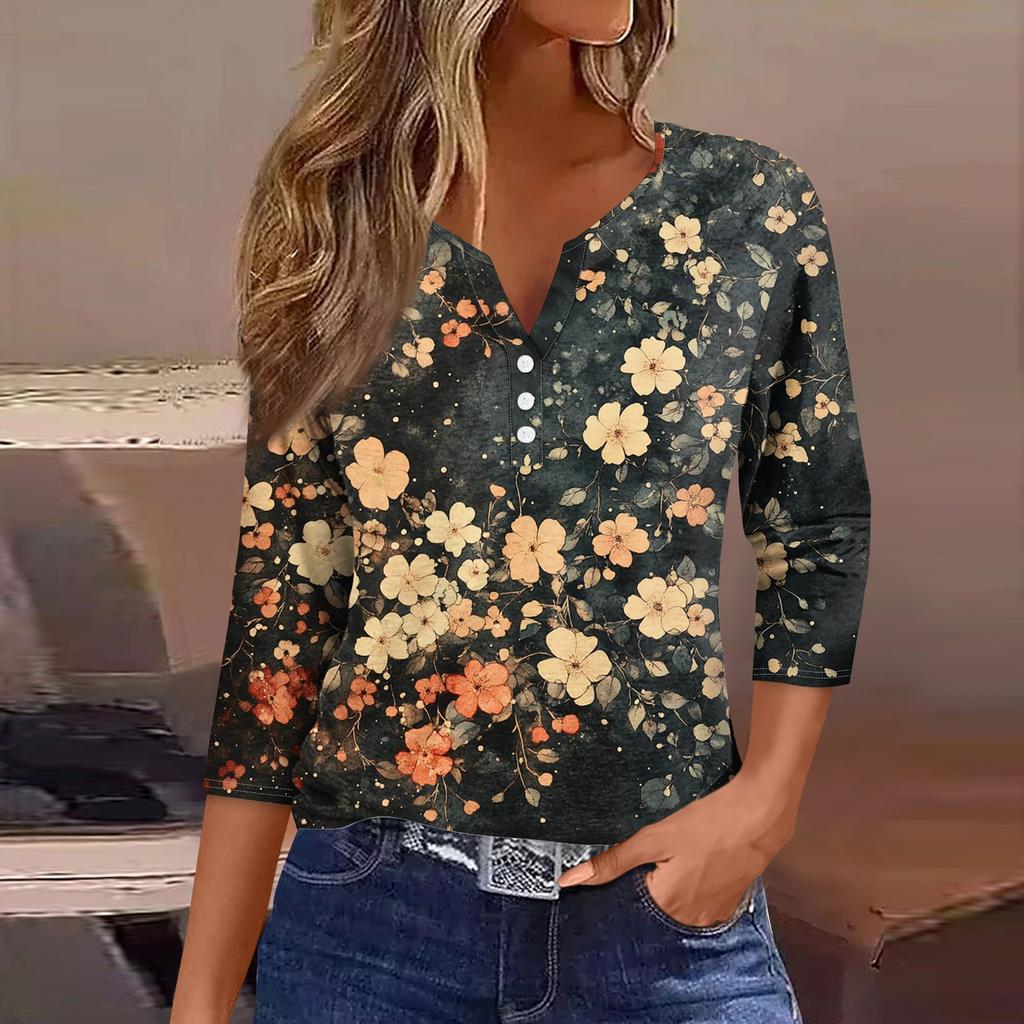 Women's Loose Casual Flower Print Seven Quarter Sleeved V-Neck Top Seven Quarter Sleeved V-Neck Top