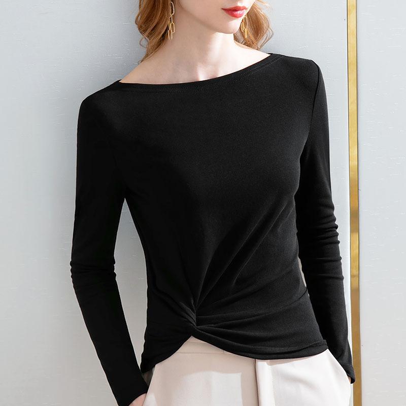 Long-sleeved T-shirt for Women In Spring and Autumn New Women's Clothing Irregular Hem Pleats Chic One-shoulder Solid Color Top