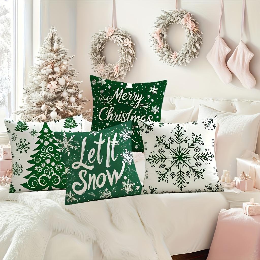 4pcs Pcs Christmas Tree & Snowflake Throw Pillow Covers - Double-Sided Zipper Cushion Cases Suitable Bedroom Car Office, Machine Washable Green Snowfl