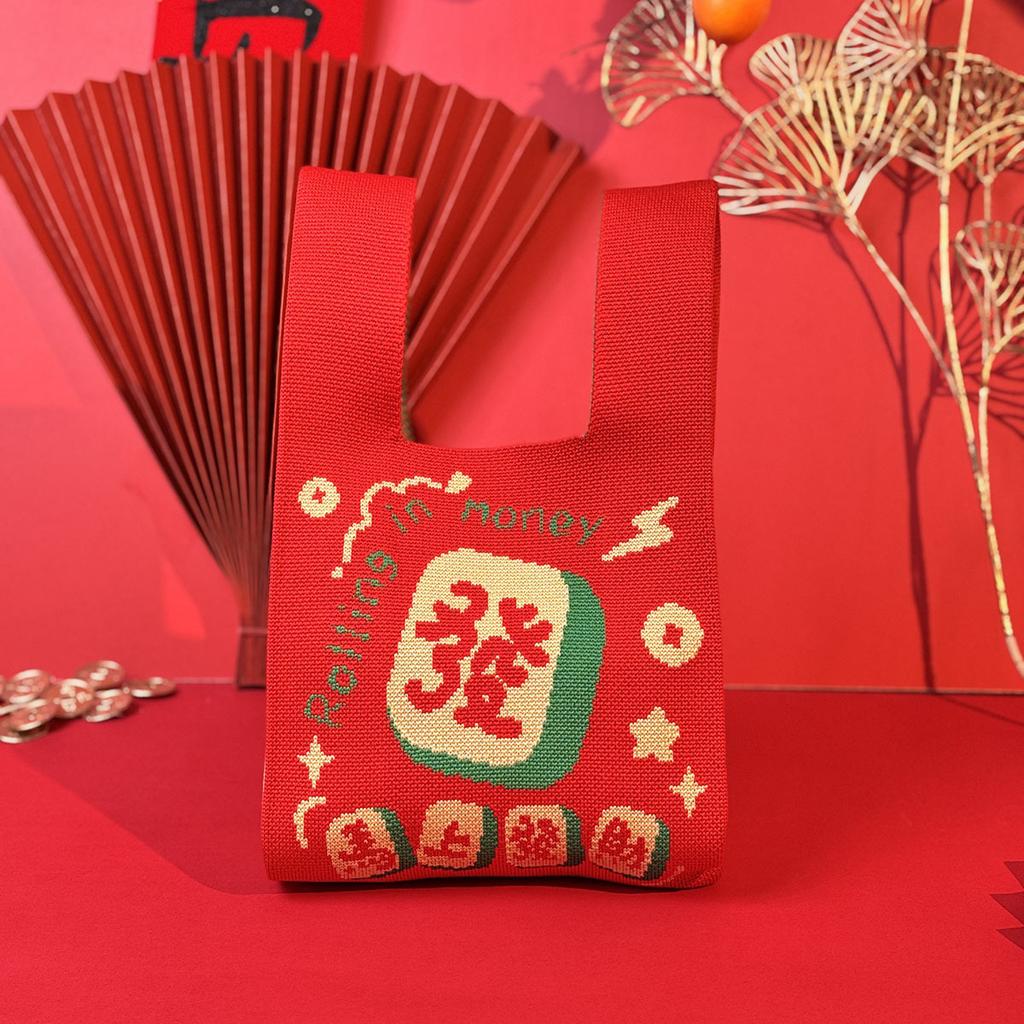 2026 Horse Year Cartoon Mascot Pony Knitted Gift Bag Handheld Candy Bag Mini Knot Wrist Bag Cute Tote Bag Reusable Shopping Bags