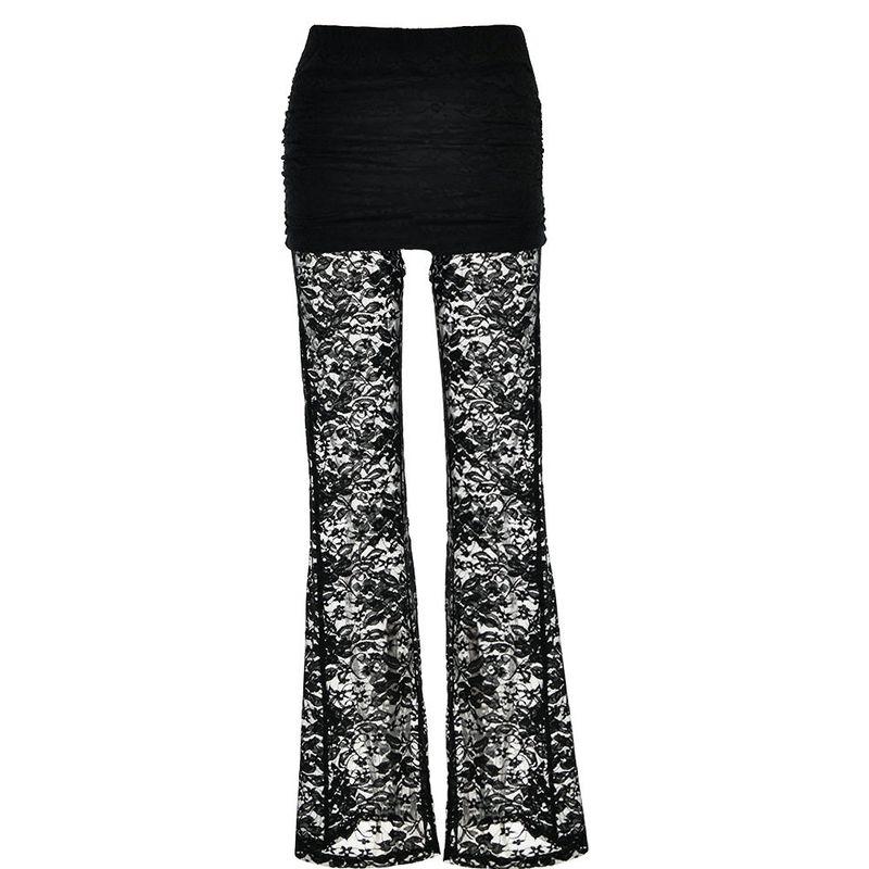 

European and American Cross-Border 2025 New Fashion Sexy Versatile Pants Lace Patchwork Slim Fit Sheer High-Waisted Flared Pants for Women Black L