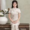 Womens Modern Chinese-Inspired Long Cheongsam Dress 2026 Retro Slim Fit Short Sleeve With Stand Collar Side Slit