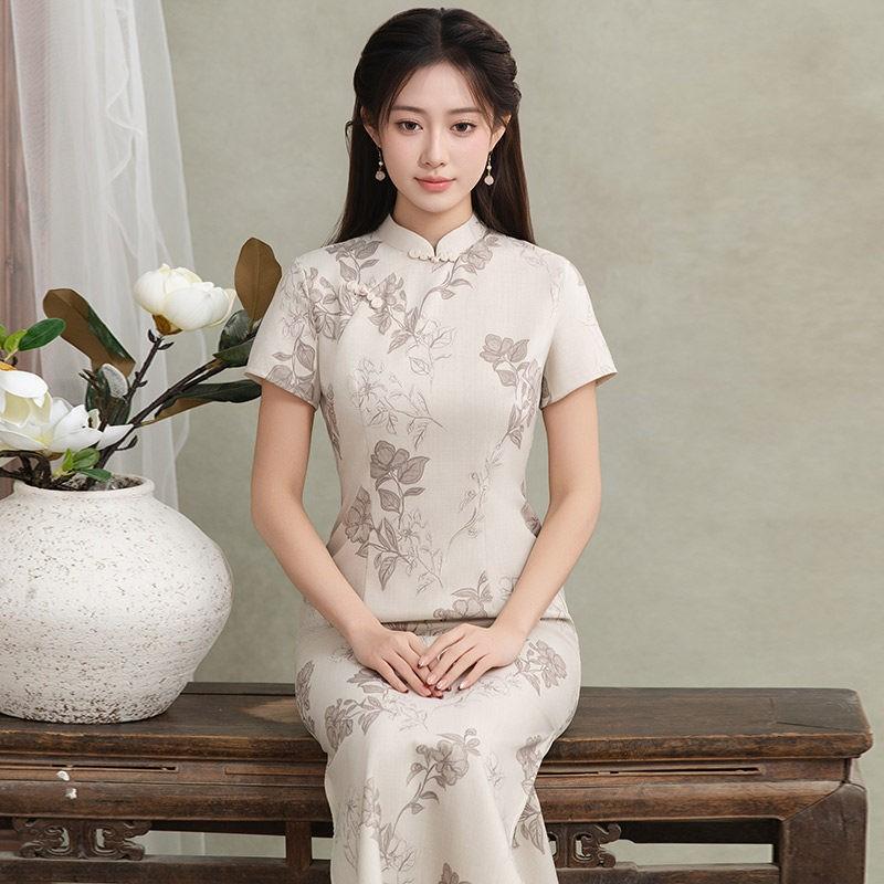 Womens Modern Chinese-Inspired Long Cheongsam Dress 2026 Retro Slim Fit Short Sleeve With Stand Collar Side Slit