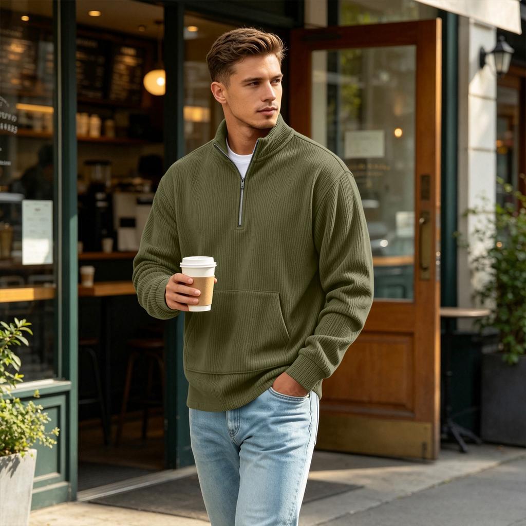 Men's Vintage Corduroy Long Sleeve Zip Up Shirt Stand Collar Casual Top