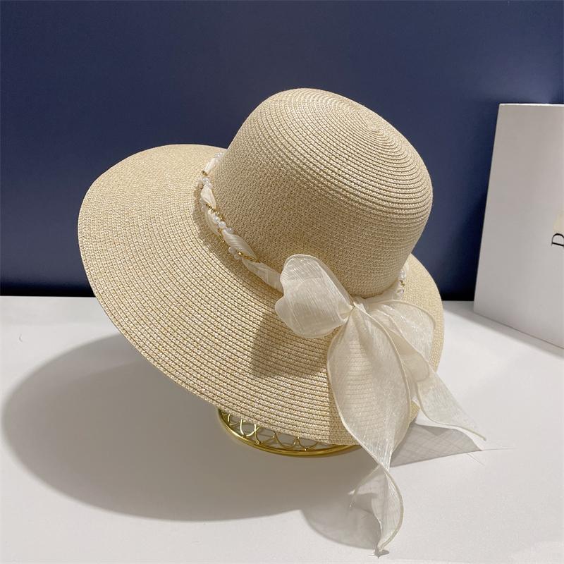 Summer 2022 New French Lace Ribbon with Large Brim Beach Hat For Seaside Travel Straw Hat Hepburn Style Top Hat Sun Block Hat